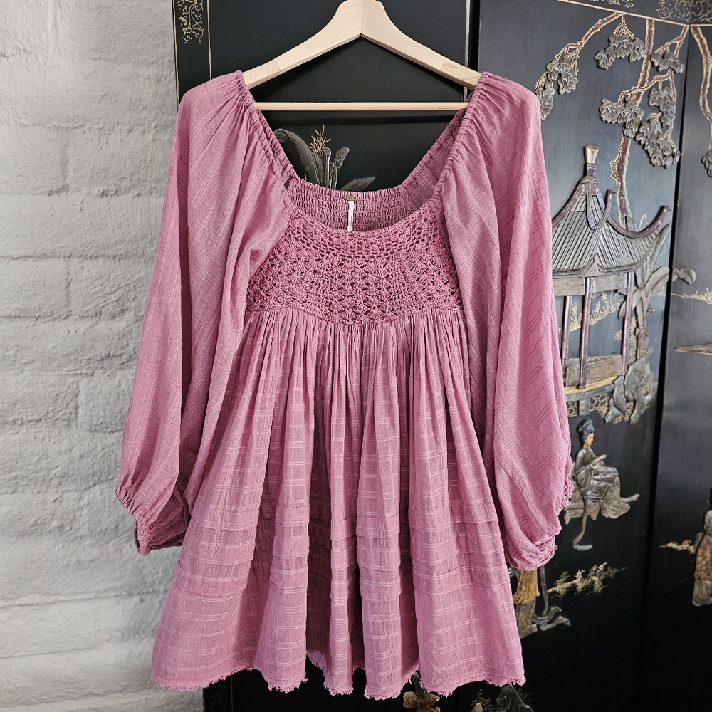 Free People Ari Long-sleeve Crochet  Babydoll Mini Dress SzXS NWOT - Picture 11 of 11